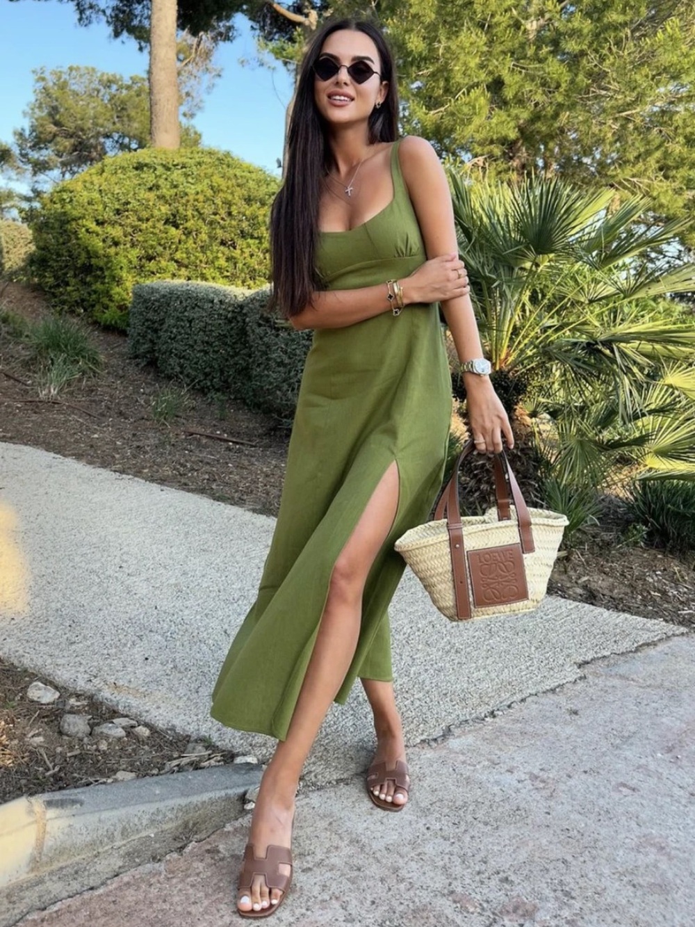 Zara Olive Green Sleeveless Side-Slit Maxi Dress